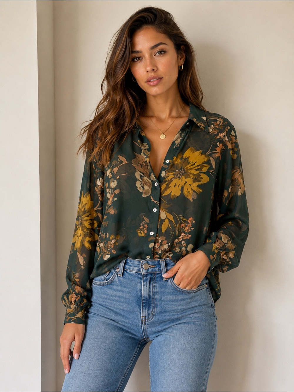 Zara Dark Green Floral Button-Down Shirt with Mustard Accents
